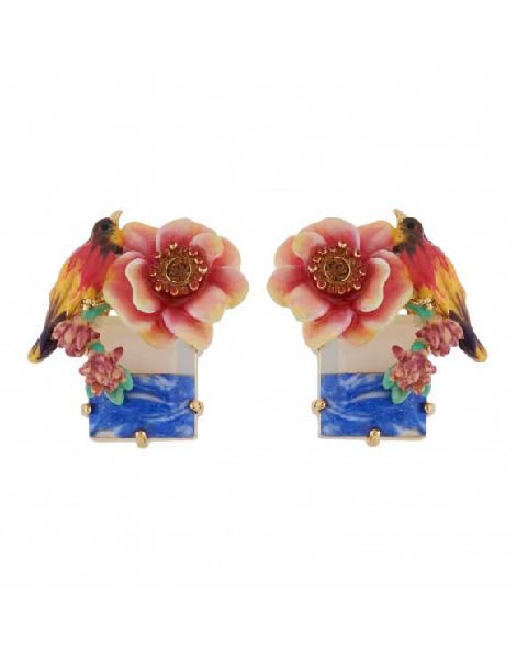 Les Nereides Multcolor Bird And Pink Flower On Stone Earrings