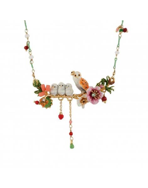 Les Nereides Owl and Her Nestlings on a Flowered Branch Necklace