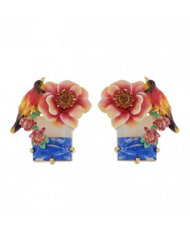 Les Nereides Multcolor Bird And Pink Flower On Stone Earrings